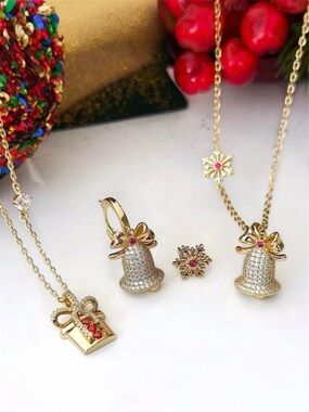 Christmas Bell Necklace and Earrings Set 14k Gold Luxury Jewelry